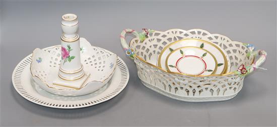 A KPM Berlin basket, a Meissen candlestick and two dishes, a KPM Berlin dish and three La Maison de Louis Cartier saucers